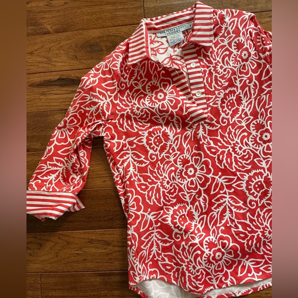 Gretchen Scott Designs Orange and White Floral and Striped Pattern Shirt, Med - Picture 2 of 6